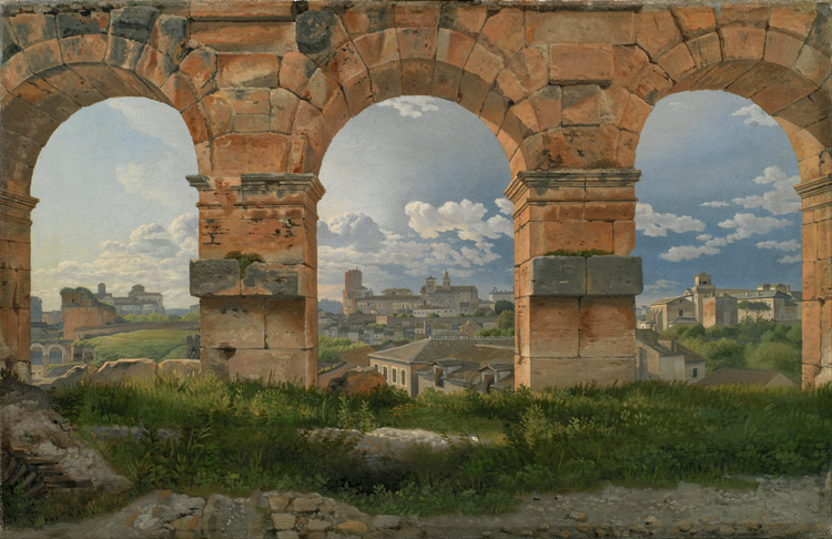 View through three northwest arches of the Colosseum in Rome.Storm gathering over the city (mk09)